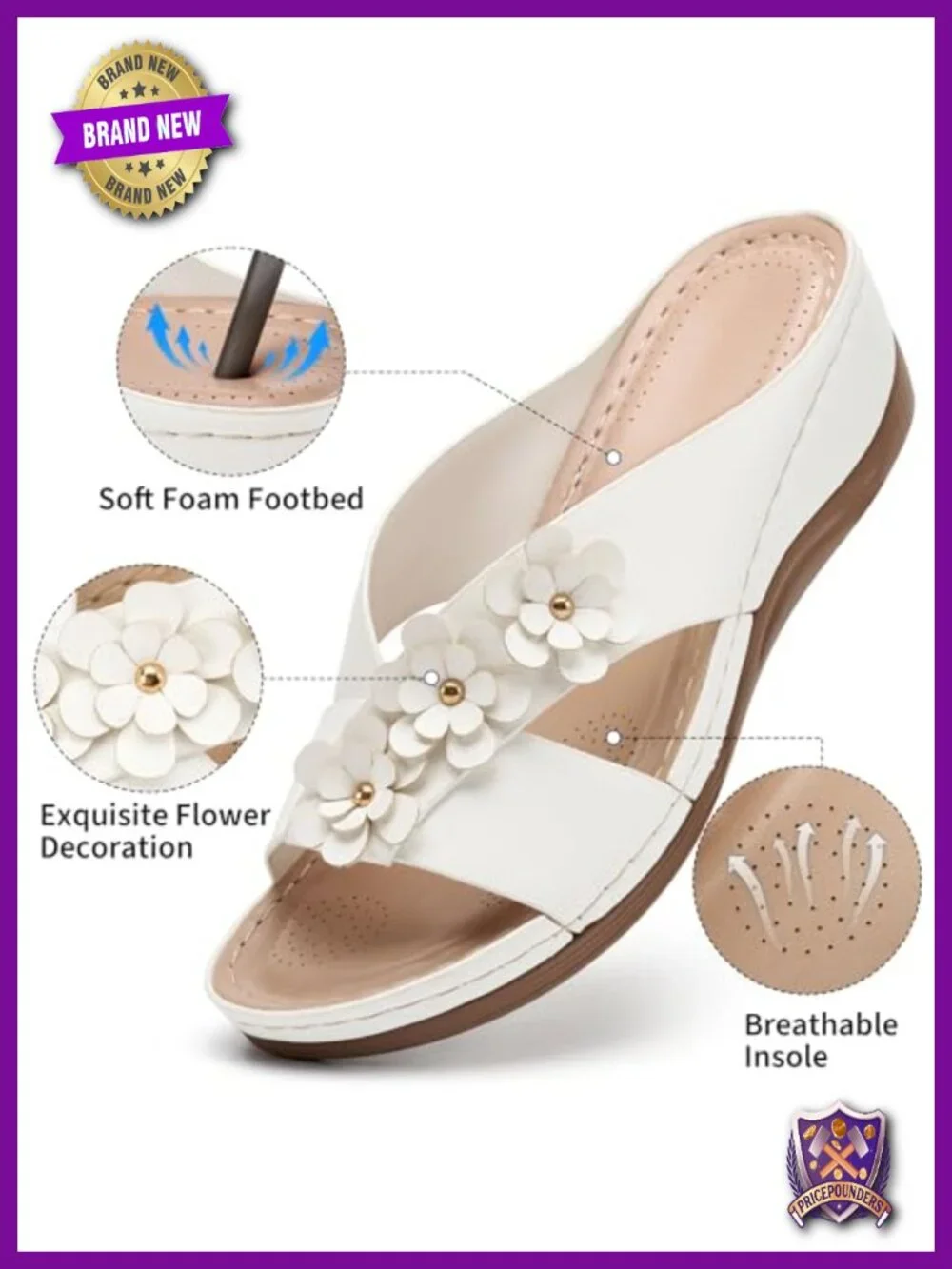 Faux Vegan Leather Wedge Sandals with 3D Floral Décor, Cushioned All-Day Comfort